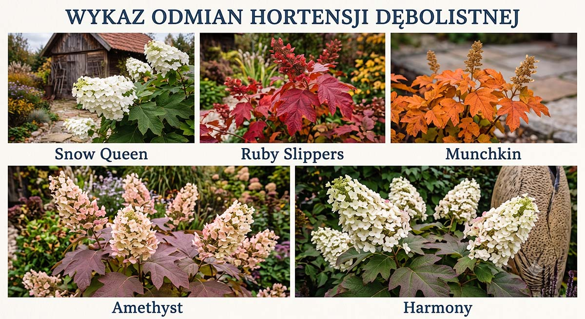 Infografika przedstawiająca zestawienie 5 odmian hortensji dębolistnej podzielone na dwa rzędy. W górnym rzędzie od lewej: odmiana Snow Queen o dużych białych kwiatach, Ruby Slippers o intensywnie czerwonych liściach oraz Munchkin o miedzianozłotych liściach. W dolnym rzędzie od lewej: odmiana Amethyst z jasnoróżowymi kwiatostanami i ciemnymi liśćmi oraz odmiana Harmony o gęstych, kremowobiałych kwiatostanach. Każde zdjęcie jest czytelnie podpisane nazwą odmiany.