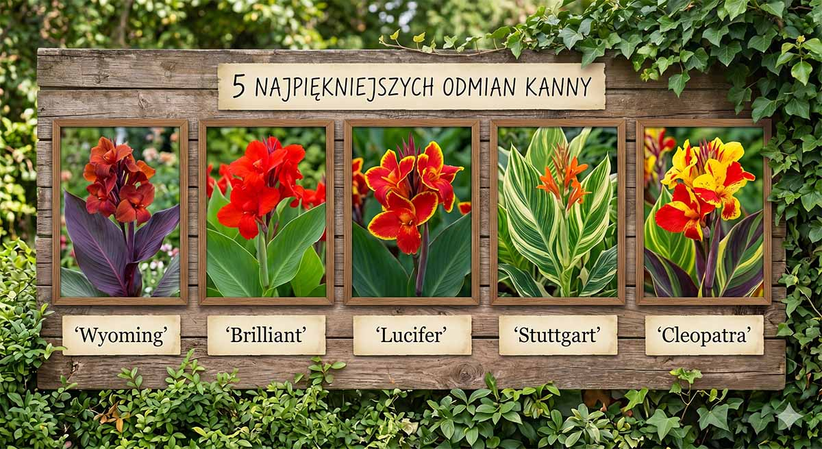 Kolaż przedstawiający 5 popularnych odmian kanny z podpisami: Wyoming, Brilliant, Lucifer, Stuttgart oraz Cleopatra na drewnianej tablicy