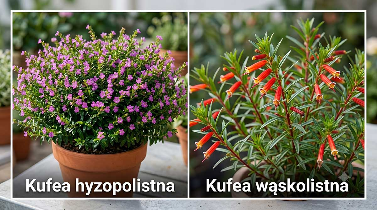 Odmiany kufei (Cuphea) - różnice między kufeą hyzopolistną a wąskolistną Porównanie odmian: Kufea hyzopolistna o drobnych różowych kwiatach oraz Kufea wąskolistna o podłużnych, czerwonych kwiatach w doniczkach.