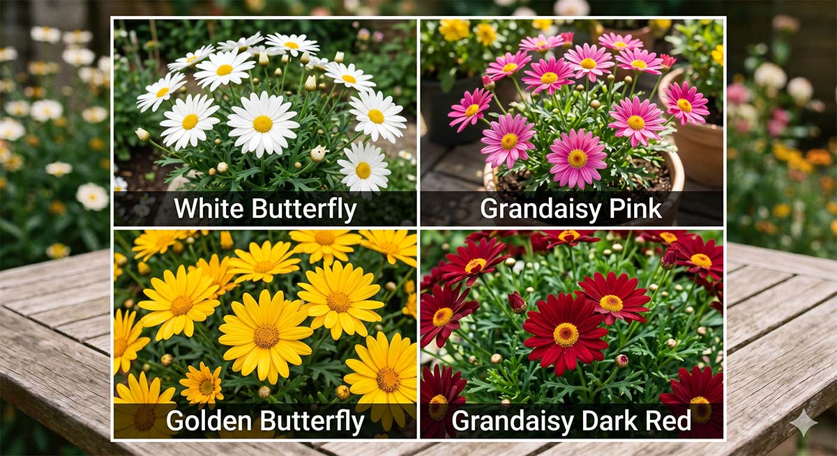 Kolaż czterech odmian margaretek: biała White Butterfly, różowa Grandaisy Pink, żółta Golden Butterfly oraz ciemnoczerwona Grandaisy Dark Red w doniczkach na drewnianym stole.