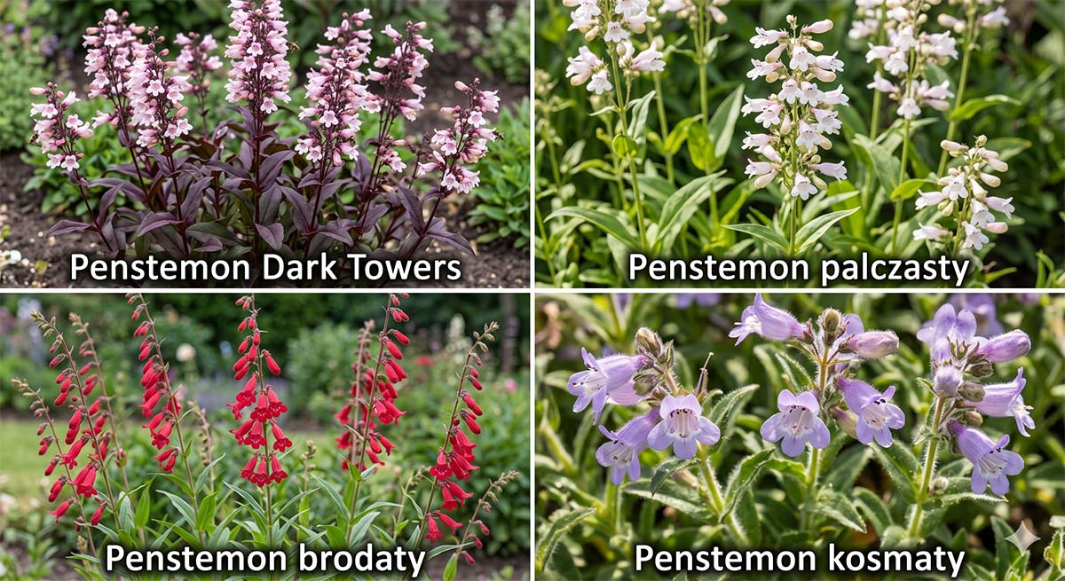 Przegląd najpopularniejszych odmian penstemonów Kolaż przedstawiający cztery odmiany penstemonów z podpisami: Penstemon Dark Towers o ciemnych liściach, jasny Penstemon palczasty, czerwony Penstemon brodaty oraz fioletowy Penstemon kosmaty.