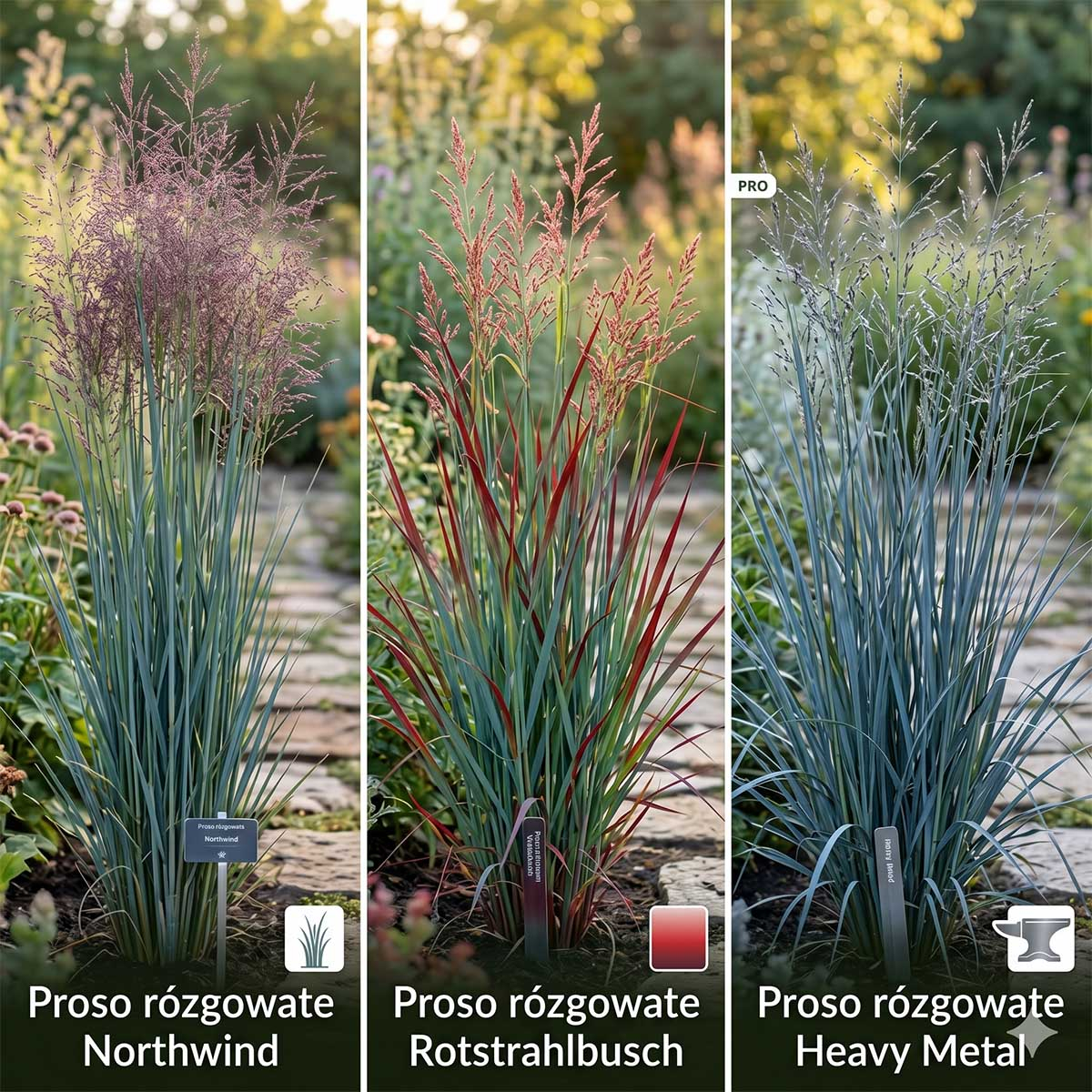 Najpopularniejsze odmiany prosa rózgowatego (Panicum virgatum) Porównanie trzech odmian prosa rózgowatego: Northwind o kolumnowym pokroju, czerwonawy Rotstrahlbusch oraz niebieskawy Heavy Metal