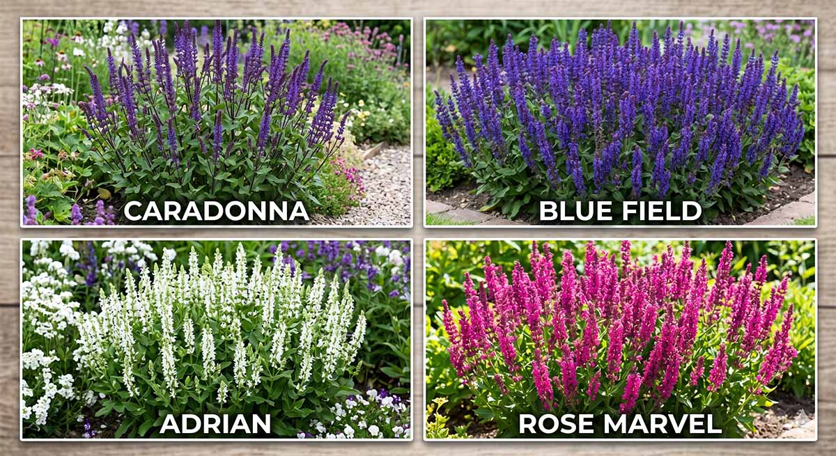 Najpopularniejsze odmiany szałwii omszonej: Caradonna, Blue Field, Adrian, Rose Marvel Kolaż przedstawiający cztery odmiany szałwii omszonej w ogrodzie: fioletowa Caradonna, ciemnoniebieska Blue Field, biała Adrian oraz różowa Rose Marvel z podpisami.