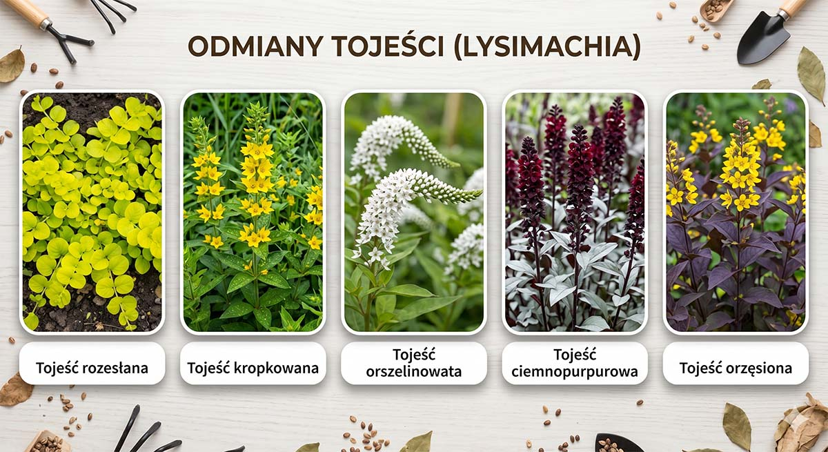 Zestawienie pięciu odmian tojeści (Lysimachia): rozesłana, kropkowana, orszelinowata, ciemnopurpurowa oraz orzęsiona, przedstawione na infografice z podpisami.