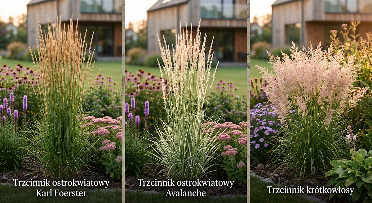 Zestawienie trzech zdjęć przedstawiających różne odmiany trzcinnika w ogrodzie: od lewej trzcinnik ostrokwiatowy Karl Foerster, w środku odmiana Avalanche z białym paskiem, od prawej puszysty trzcinnik krótkowłosy