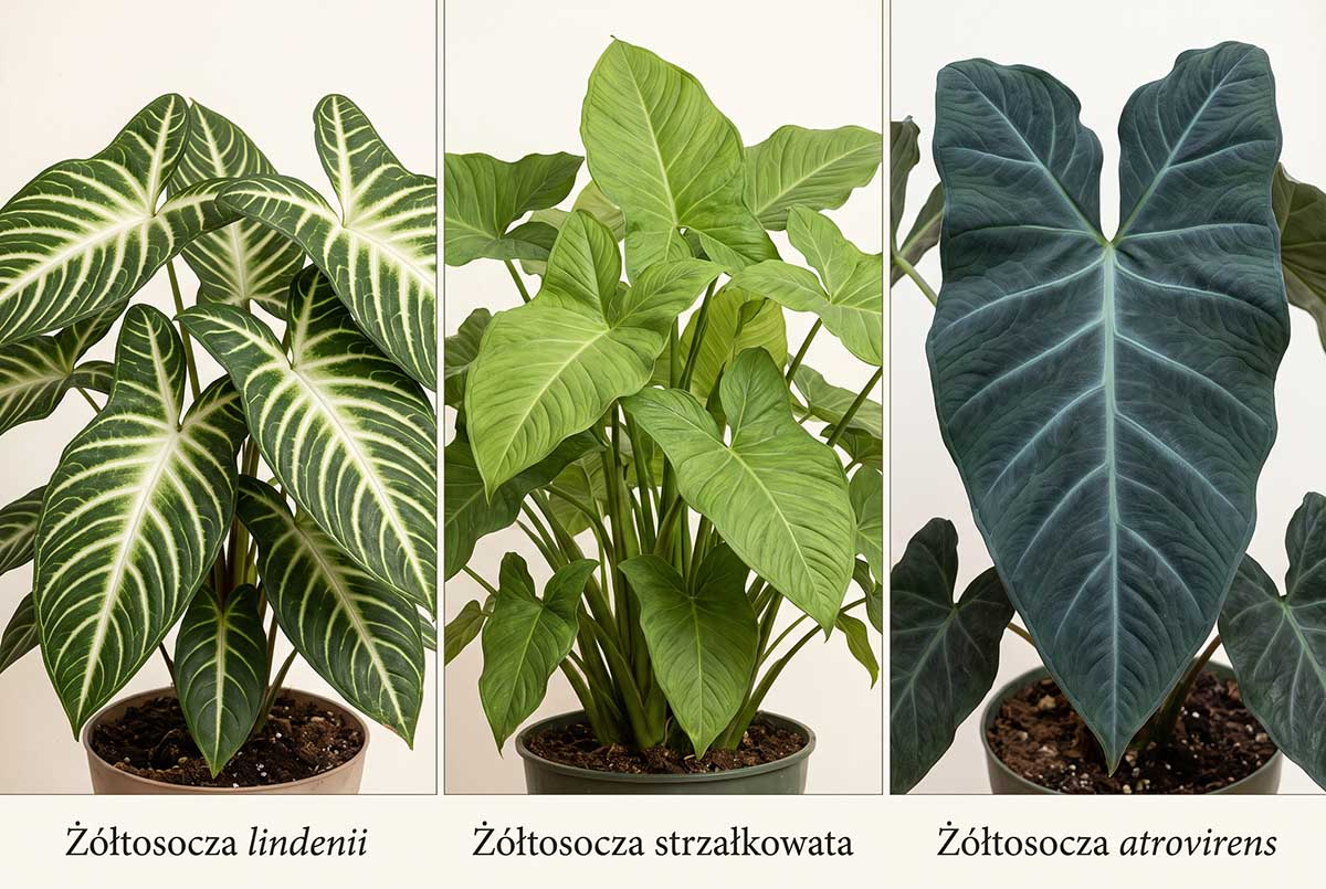 Odmiany żółtosoczy - porównanie: lindenii, strzałkowata i atrovirens Zestawienie trzech odmian żółtosoczy w doniczkach: Żółtosocza lindenii o pasiastych liściach, zielona Żółtosocza strzałkowata oraz ciemnozielona Żółtosocza atrovirens.