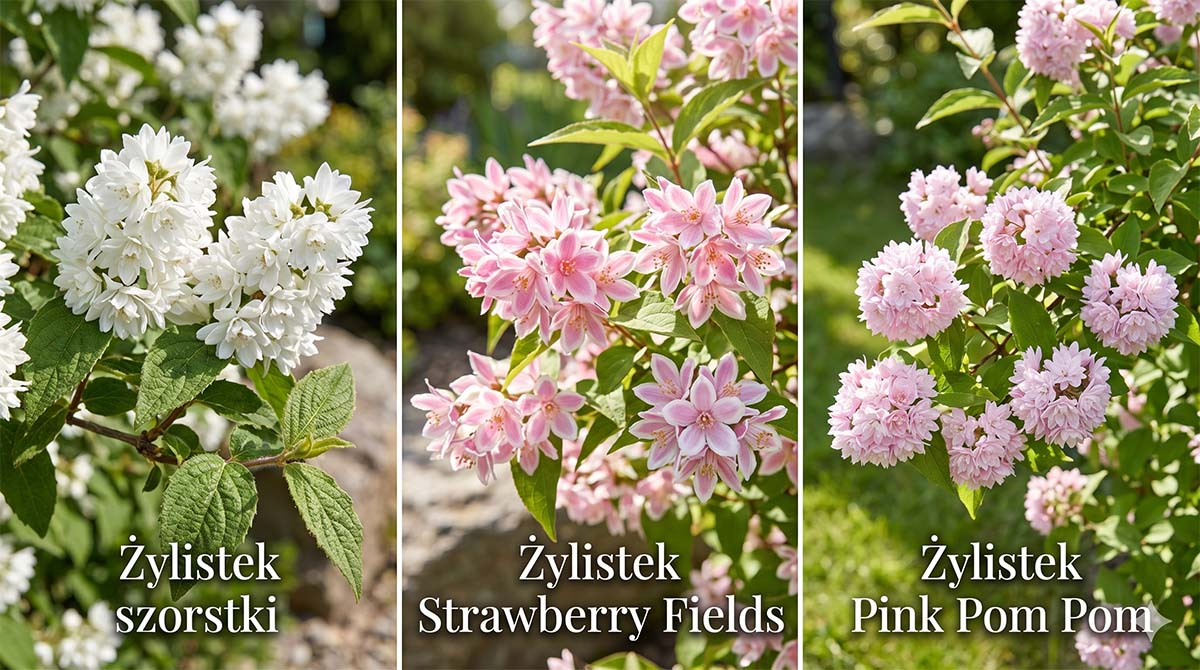 Kolaż składający się z trzech pionowych paneli przedstawiających odmiany żylistka: biały żylistek szorstki po lewej, różowo-biały Strawberry Fields w środku oraz jasnoróżowy Pink Pom Pom po prawej. Każda sekcja ma podpis tekstowy.