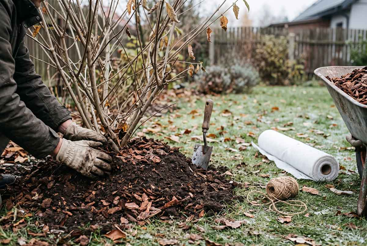 Jak okopcować budleję na zimę Okopcowanie budlei na zimę: ogrodnik usypuje kopiec z ziemi i kory wokół nasady krzewu