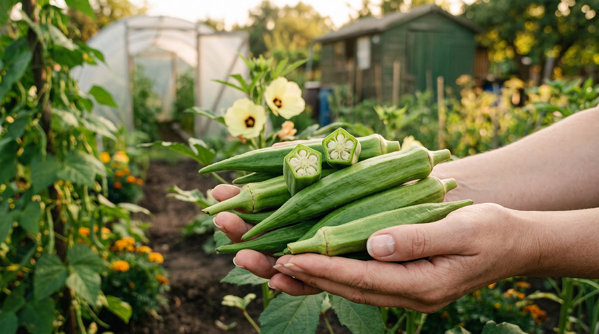Zbliżenie na dłonie ogrodnika trzymające świeżo zebrane, zielone strąki okry ketmii jadalnej na tle słonecznego ogrodu