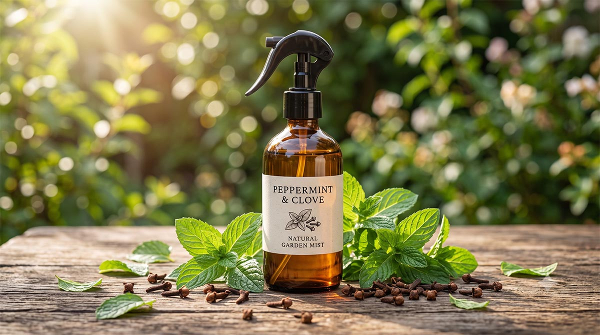 Buteleczka ze sprayem i świeża mięta pieprzowa jako naturalny odstraszacz na szerszenie