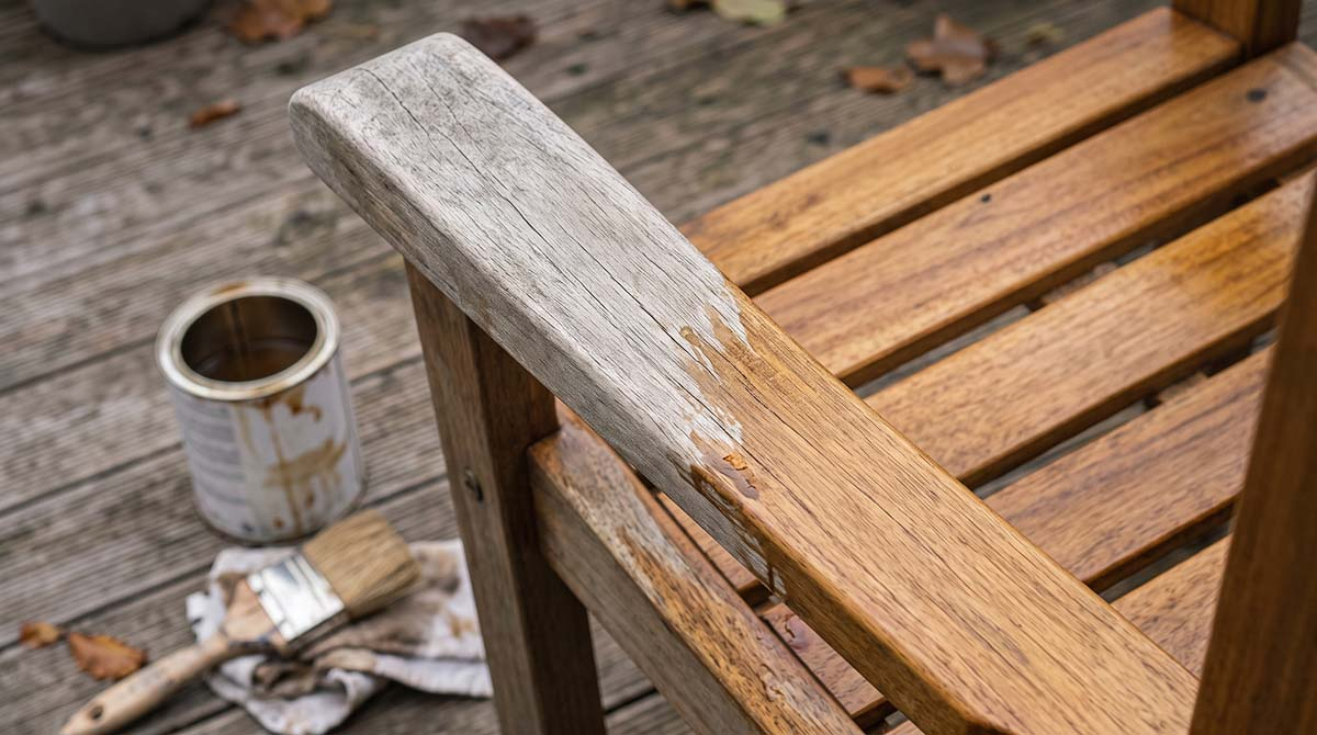 Olejowanie mebli ogrodowych z drewna przed zimą - efekt przed i po Drewniane meble ogrodowe przed i po zaolejowaniu - szare, przesuszone drewno obok odżywionego
