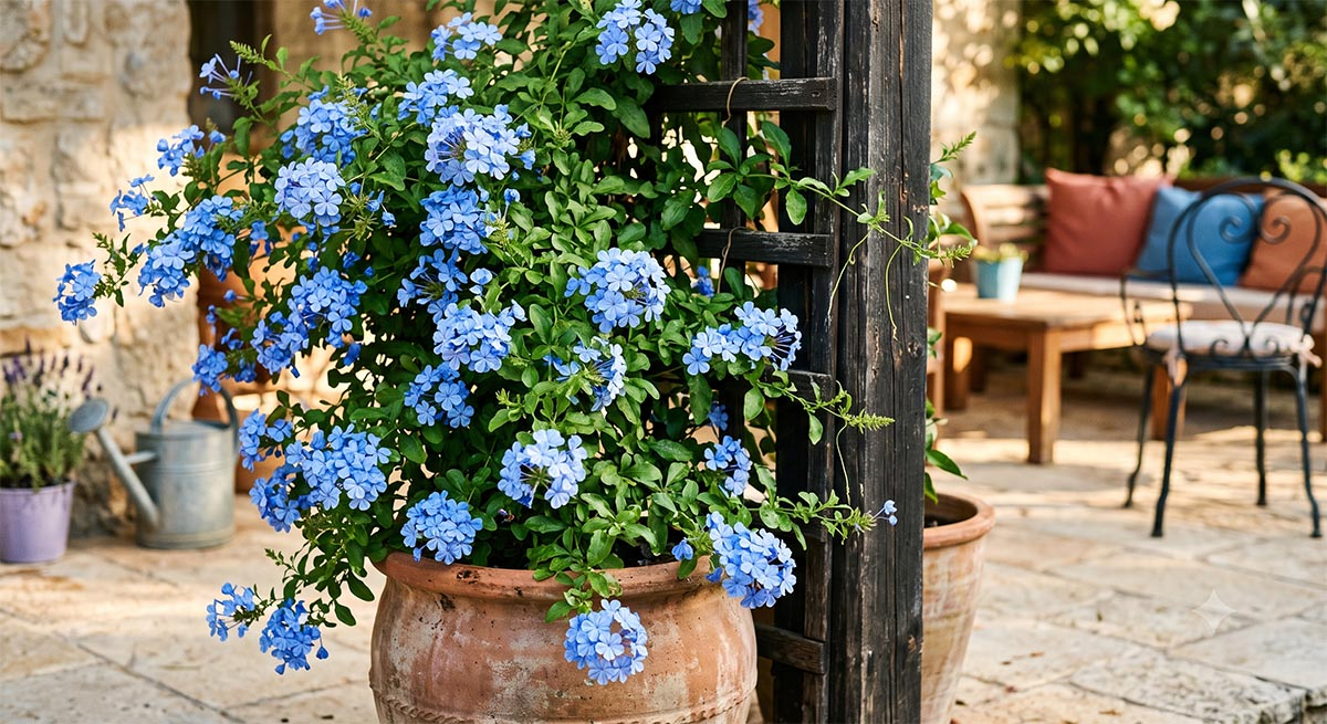 Ołownik - niebieski król balkonu. Ołownik uszkowaty (Plumbago auriculata) - błękitne pnącze na słonecznym tarasie.