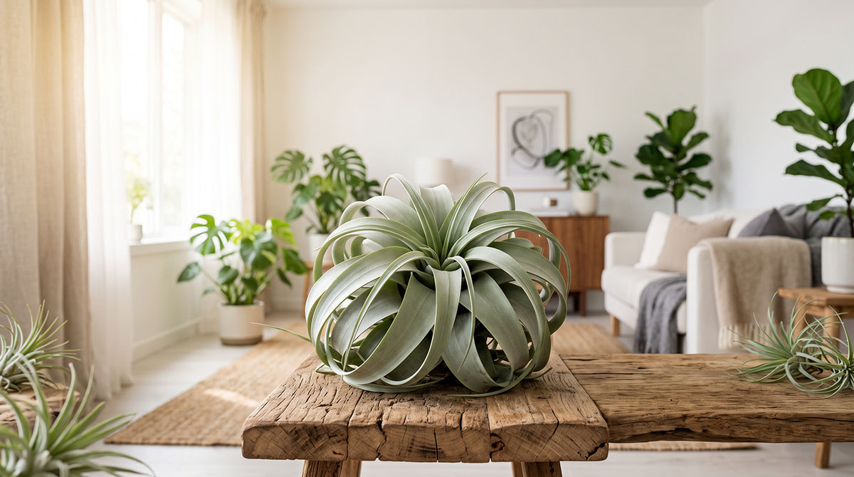 Oplątwa Tillandsia xerographica - roślina powietrzna w jasnym wnętrzu Duża, zdrowa roślina powietrzna Tillandsia xerographica na jasnym drewnianym stole w nowoczesnym salonie