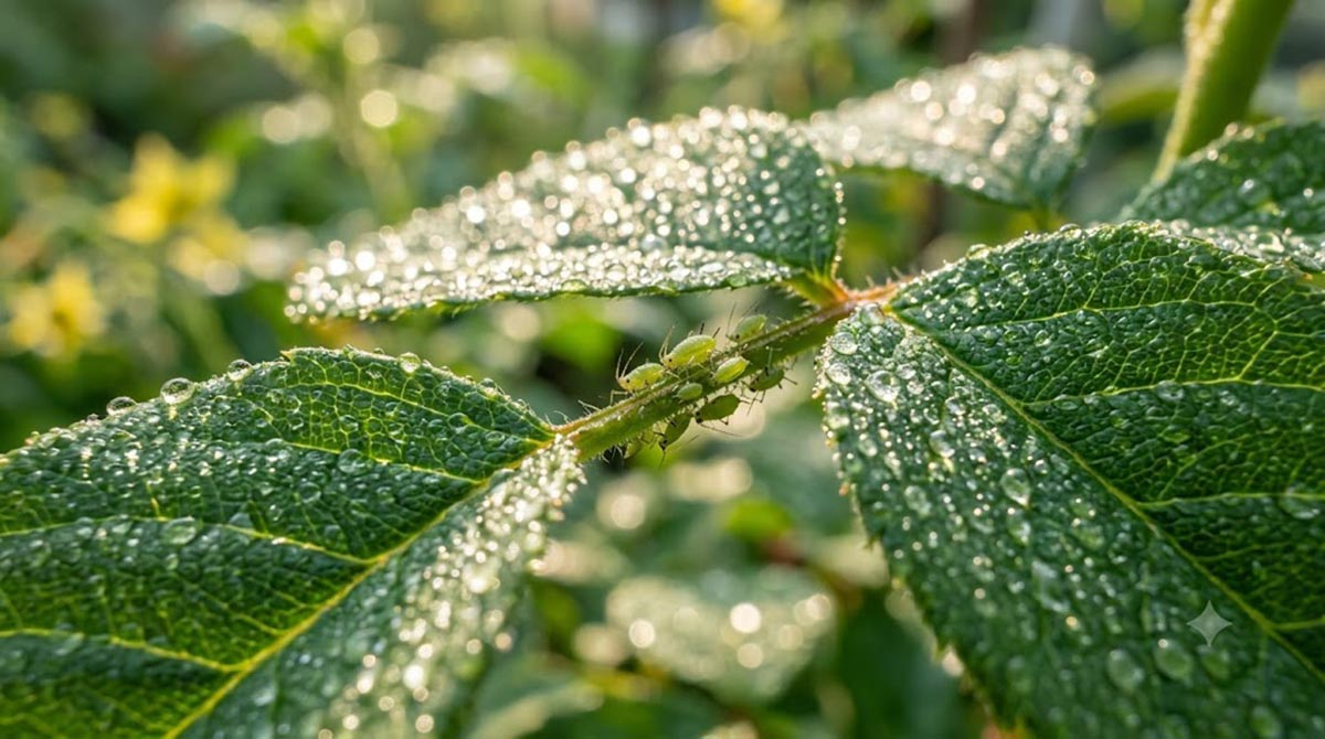 Krople naturalnego oprysku z gnojówki z wrotyczu na zielonym liściu zaatakowanym przez mszyce