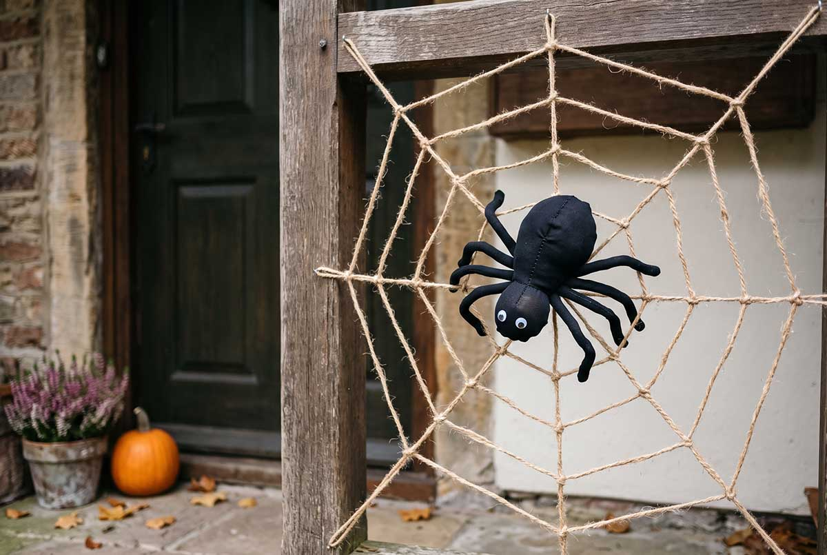 Pajęczyna ze sznurka jutowego na Halloween - dekoracja wokół drzwi Duża pajęczyna ze sznurka jutowego rozpięta wokół drzwi wejściowych z czarnym pająkiem uszytym z rajstop