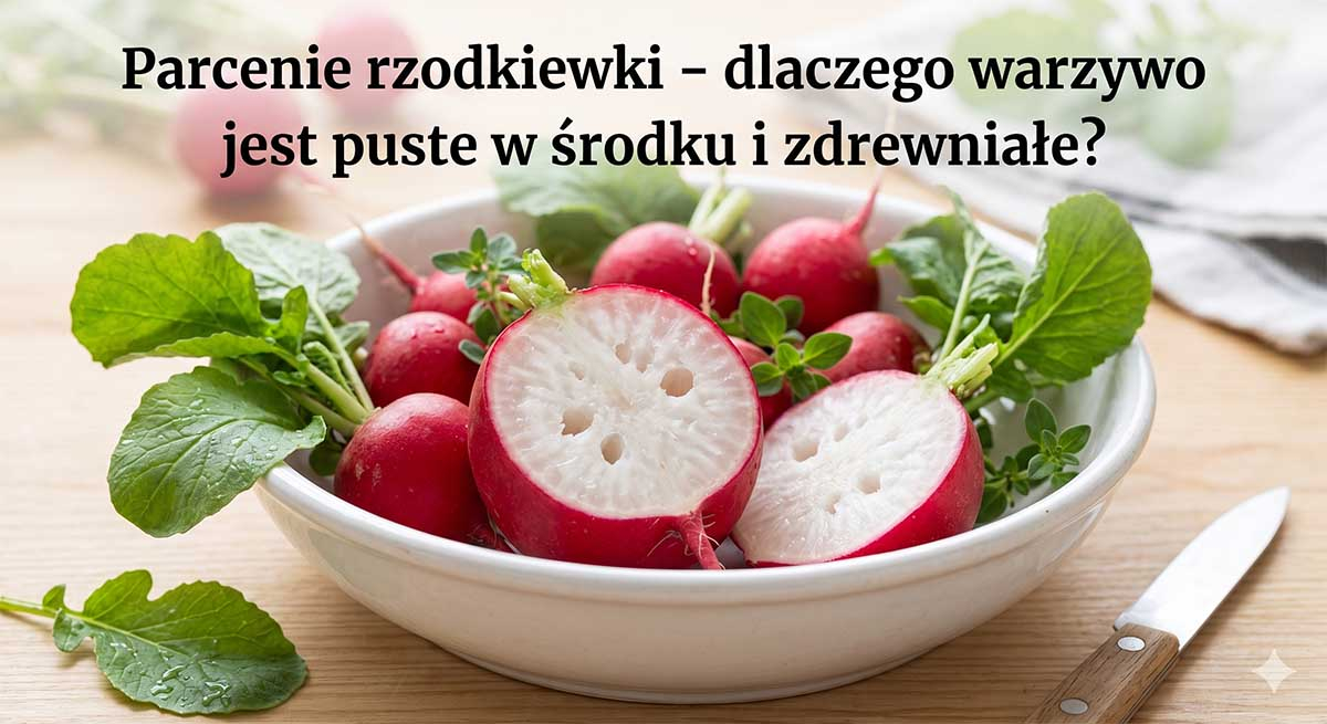Przekrojona na pół duża, czerwona rzodkiewka ukazująca biały, gąbczasty i pusty środek, leżąca w białej misce obok całych rzodkiewek i zielonych liści.