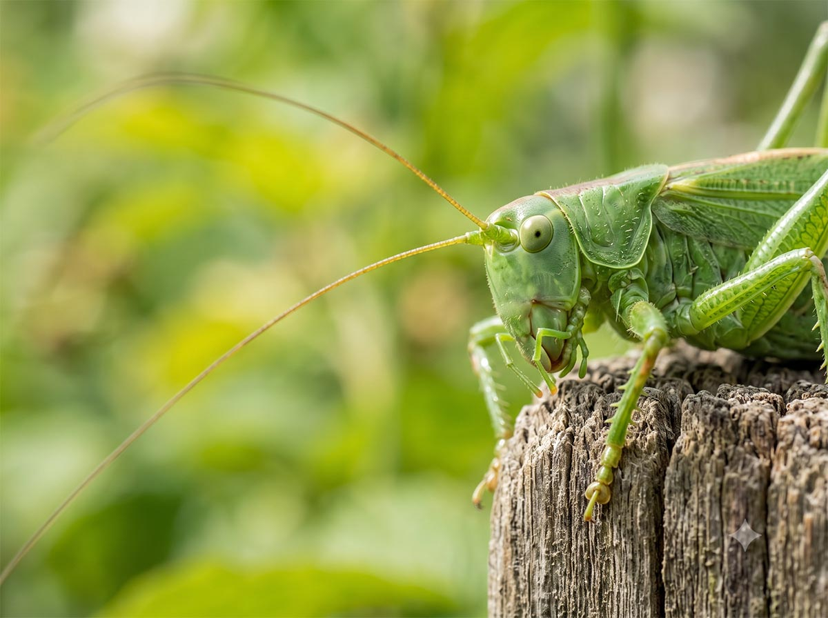 Budowa anatomiczna pasikonika zielonego Zbliżenie macro na głowę i wyjątkowo długie czułki pasikonika zielonego