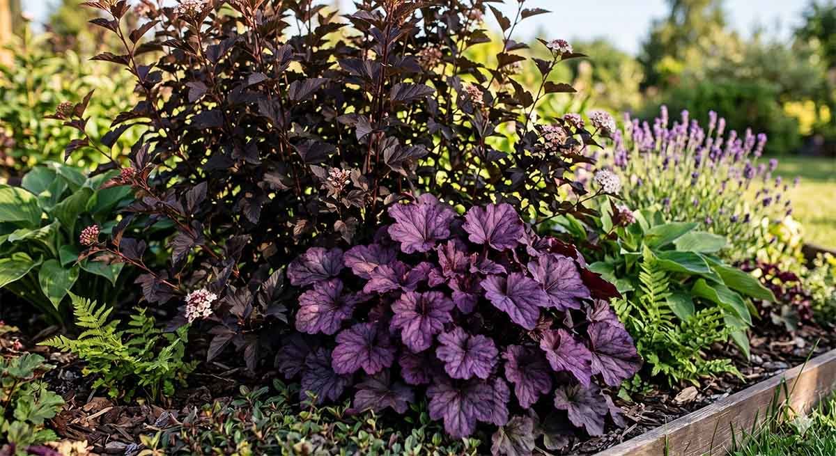 Pecherzynica Diabolo z bordowymi lisciami w zestawieniu z purpurowa zurawka Heuchera