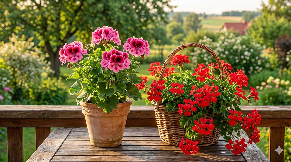 Dwie donice z kwitnącymi pelargoniami na drewnianym stole na słonecznym balkonie. Po lewej różowa pelargonia angielska w donicy z terakoty, po prawej czerwona pelargonia kaskadowa w wiklinowym koszu na tle rozmytego, zielonego ogrodu w świetle 'golden hour