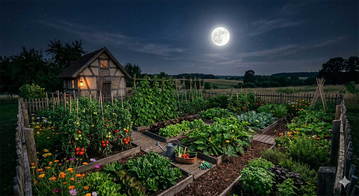 Pełnia Księżyca a ogród biodynamiczny Pełnia księżyca nad ogrodem warzywnym latem - kalendarz biodynamiczny w praktyce