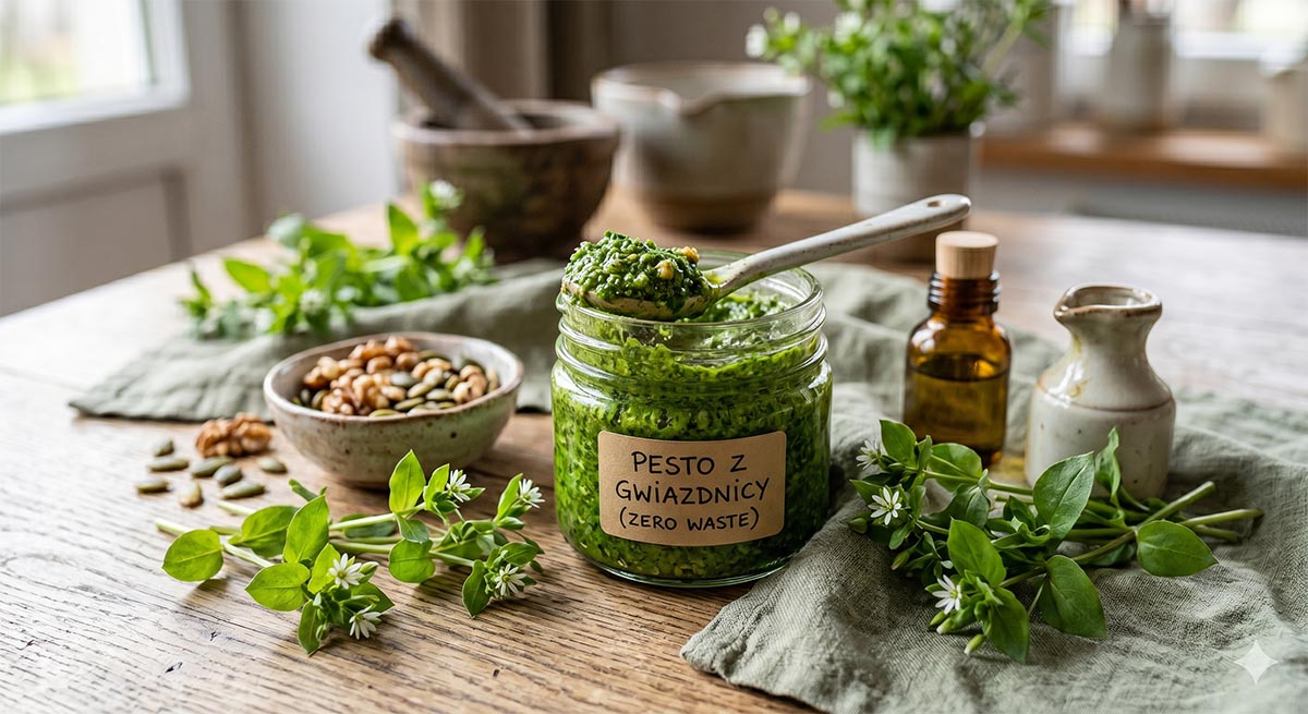 Zielone pesto z gwiazdnicy pospolitej w szklanym słoiczku na drewnianym blacie.