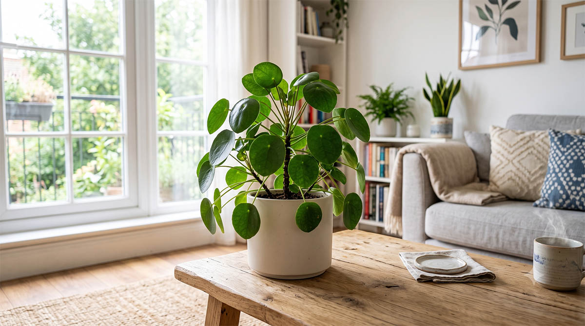Pilea peperomioides - kultowy kwiat pieniążek w domowej aranżacji. Zdrowy i bujny kwiat pieniążek w ceramicznej doniczce na stole w jasnym salonie.