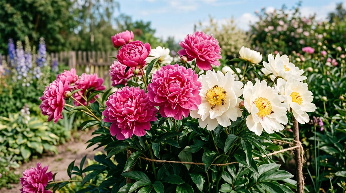 Bujnie kwitnący krzew piwonii chińskiej Paeonia lactiflora z różowymi i białymi kwiatami w słonecznym ogrodzie.