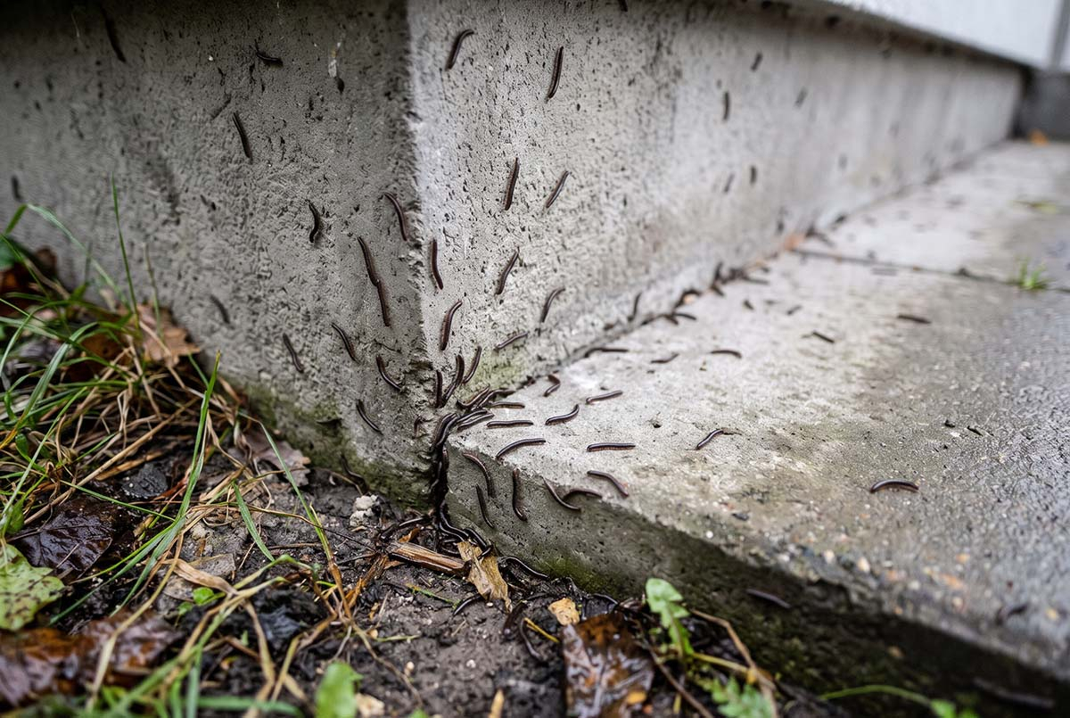 Masowe gromady krocionogów wędrujące po betonowym fundamencie i opasce wokół domu jednorodzinnego.