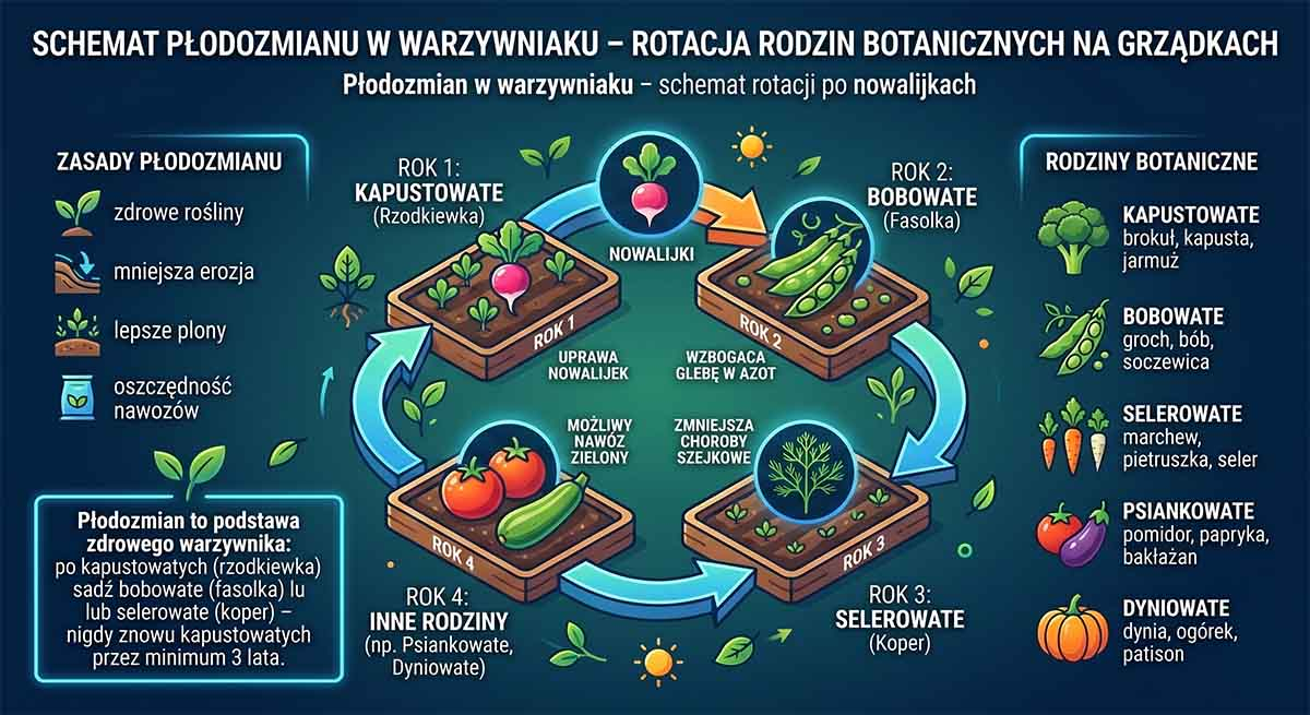 Schemat płodozmianu w warzywniaku - rotacja rodzin botanicznych na grządkach