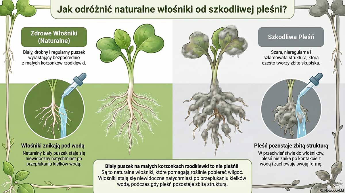 Schemat edukacyjny z dwoma powiększonymi obrazkami. Po lewej zdrowy kiełek z białym, drobnym puszkiem (włośnikami), który znika pod wodą. Po prawej szara, szlamowata struktura pleśni wydzielająca brzydki zapach.
