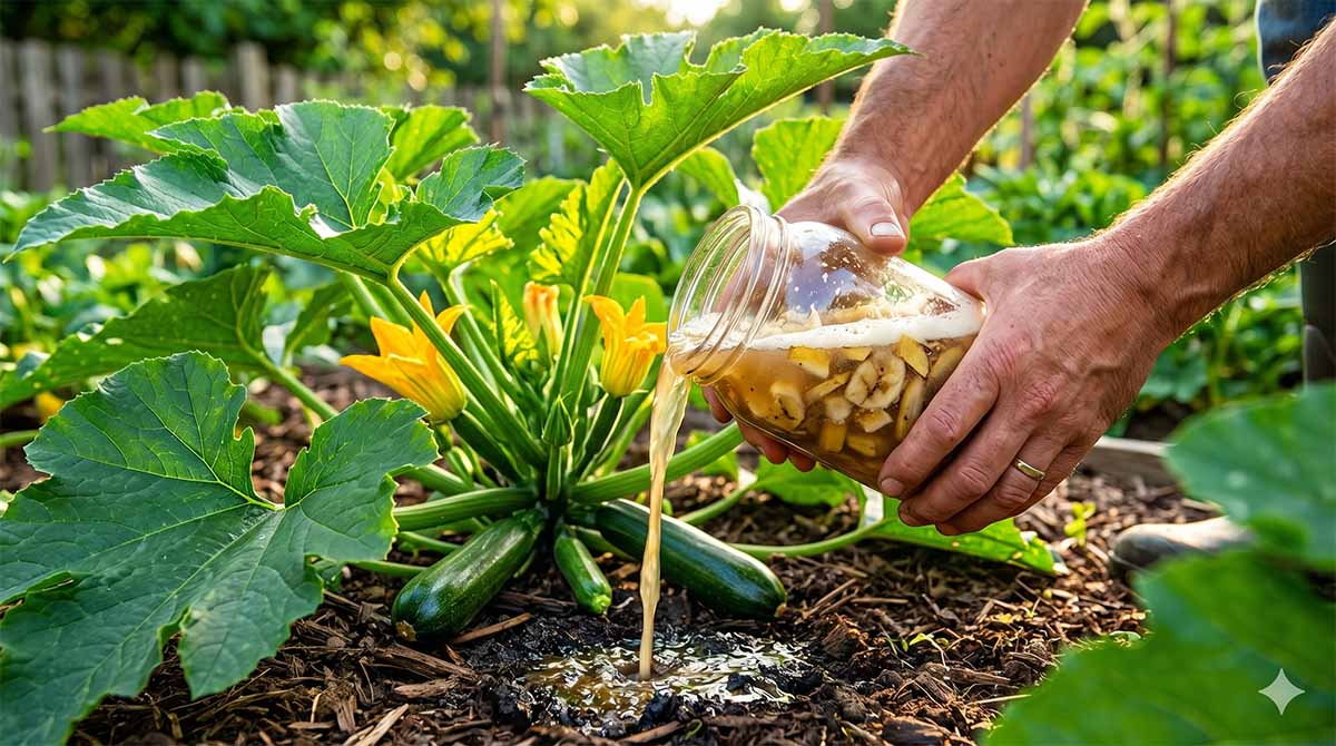 Darmowy domowy nawóz do cukinii gwarantujący obfite plony Ogrodnik podlewa dorodny krzak cukinii naturalnym domowym nawozem z resztek kuchennych prosto ze szklanego słoika.
