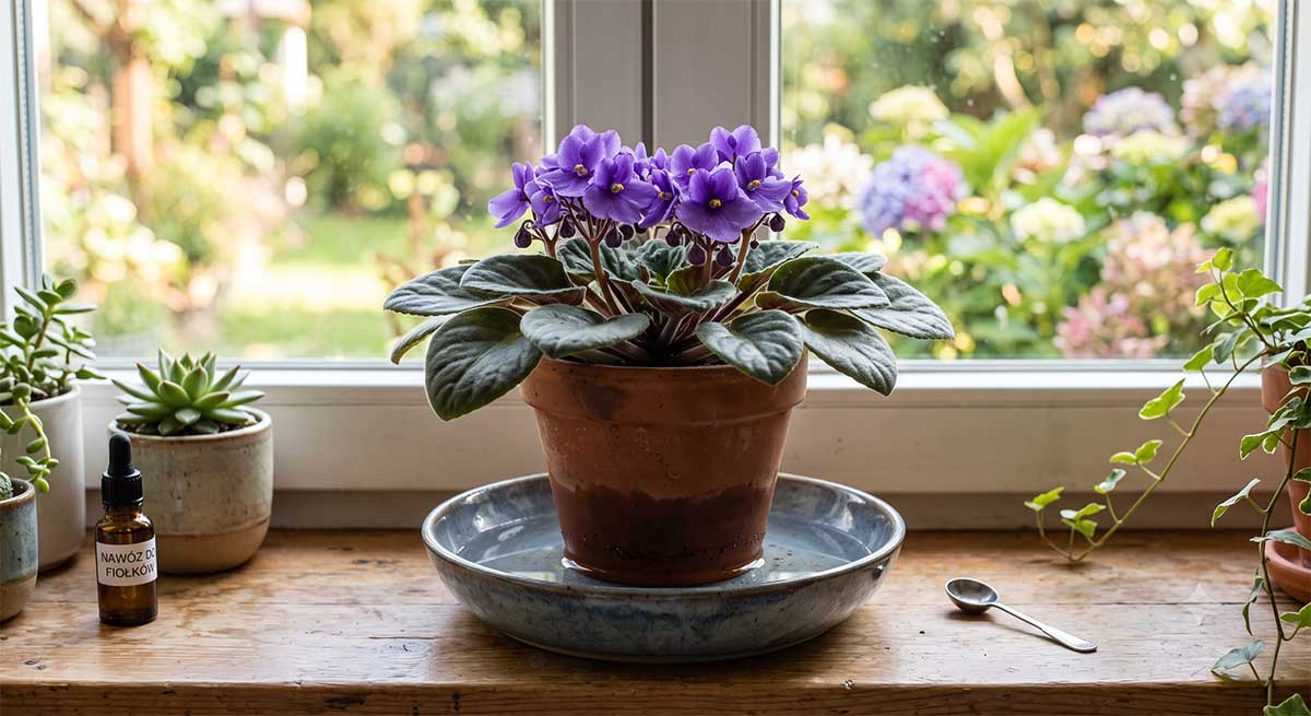 Podlewanie fiołka afrykańskiego od dołu w miseczce z wodą