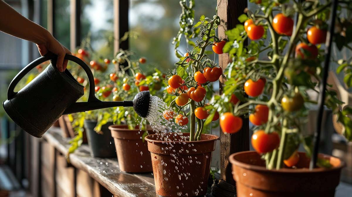 podlewanie konewką pomidorów w donicach stojących na drewnianym tarasie o zachodzie słońca