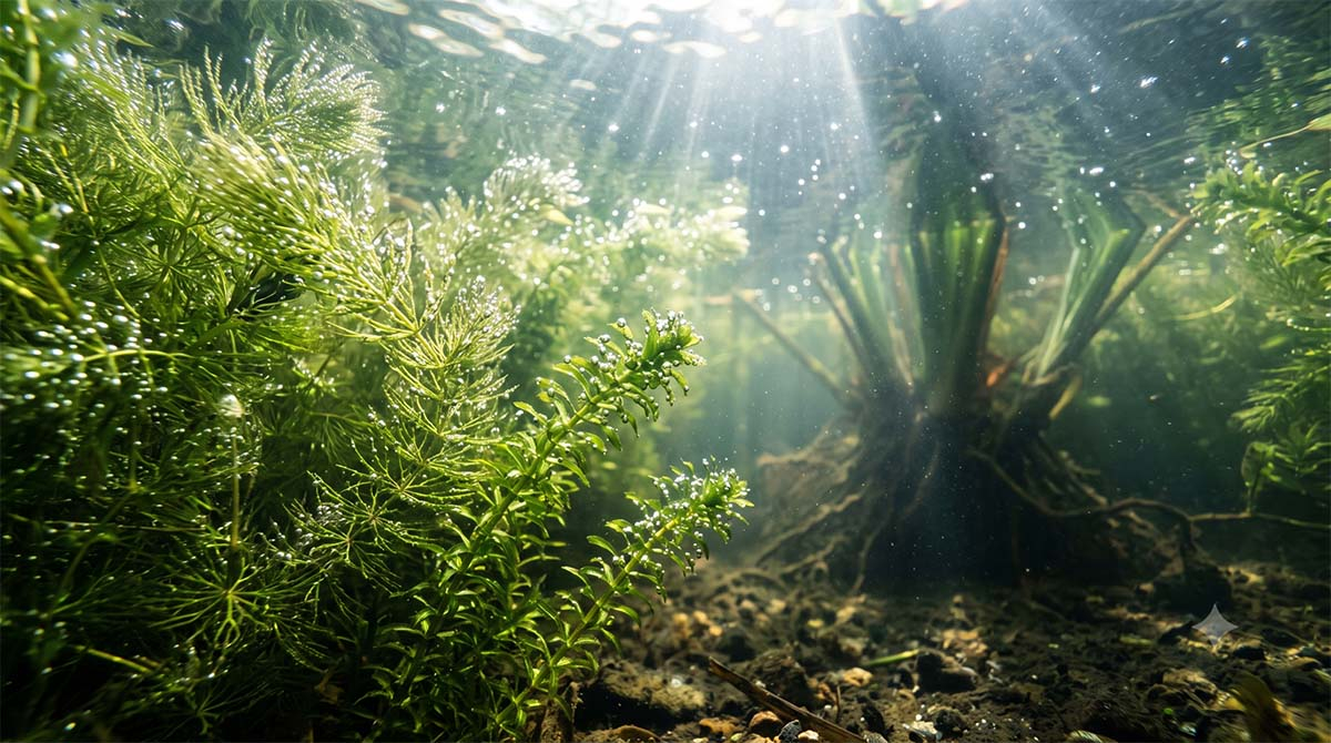 Podwodne ujęcie czystej wody w oczku, gęsty wzrost moczarki kanadyjskiej i rogatka sztywnego pod powierzchnią, widoczne pęcherzyki tlenu.