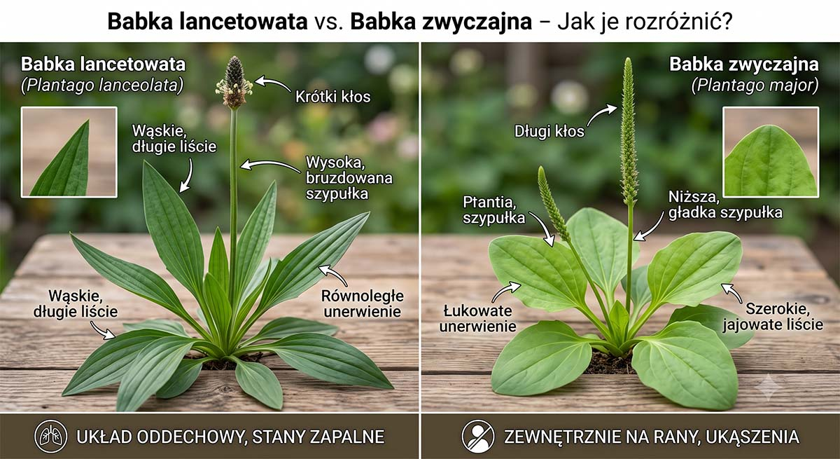Jak rozróżnić babkę lancetowatą od zwyczajnej? – Porównanie wizualne Infografika porównująca babkę lancetowatą i zwyczajną. Po lewej: Plantago lanceolata z wąskimi liśćmi, równoległym unerwieniem i krótkim kłosem. Po prawej: Plantago major z szerokimi liśćmi i długim kłosem. Opisane cechy morfologiczne.