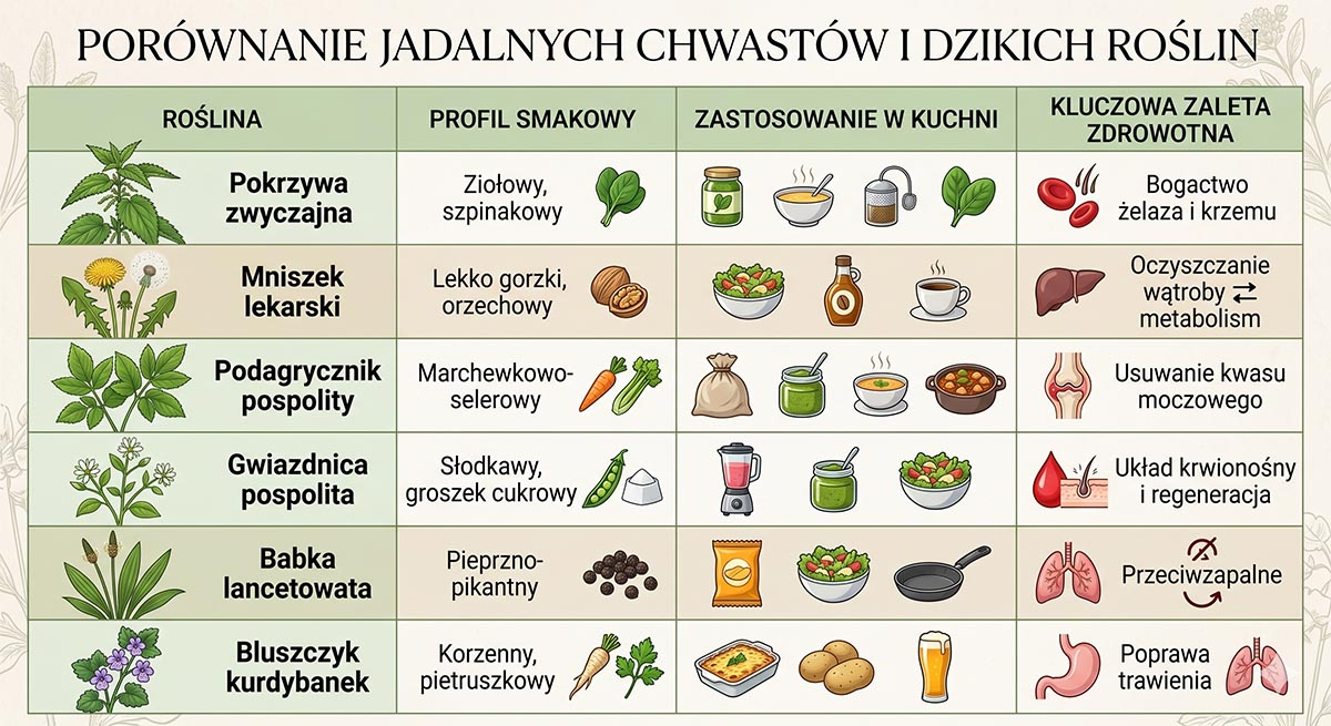 tabela z porównaniem jadalnych chwastów pod kątem smakowym, wykorzystania w kuchni