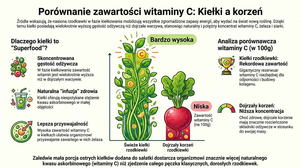 Porównanie zawartości witaminy C: Kiełki a korzeń Wykres słupkowy porównujący zawartość witaminy C w 100 gramach świeżych kiełków rzodkiewki (bardzo wysoki, zielony słupek) z jej zawartością w 100 gramach dojrzałego, czerwonego korzenia rzodkiewki (niski, czerwony słupek).