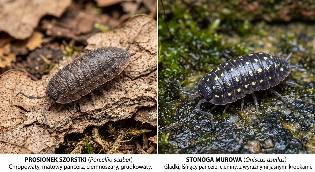 Prosionek szorstki vs Stonoga murowa - porównanie Zdjęcie porównawcze dwóch gatunków stonog: po lewej Prosionek szorstki (Porcellio scaber) na korze, po prawej Stonoga murowa (Oniscus asellus) na mchu. Grafika zawiera polskie podpisy ze szczegółowymi opisami wyglądu obu skorupiaków.