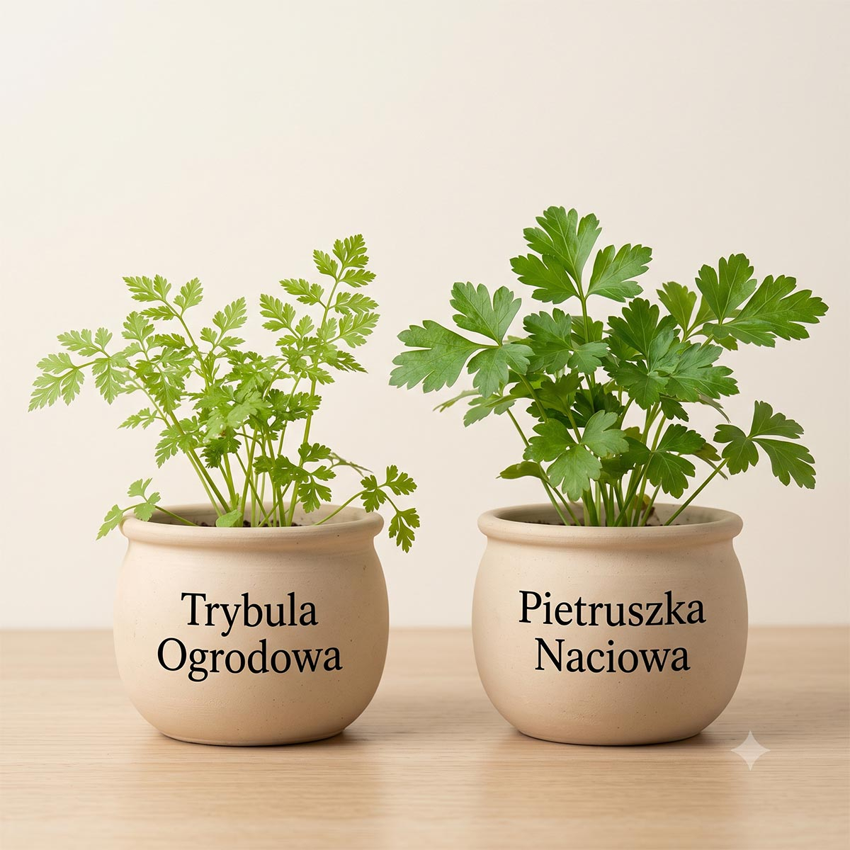 Odróżnij Trybulę od Pietruszki! Porównanie botaniczne: po lewej trybula ogrodowa (z identycznymi, jasnymi liśćmi jak na zdjęciu głównym), po prawej ciemniejsza pietruszka naciowa.