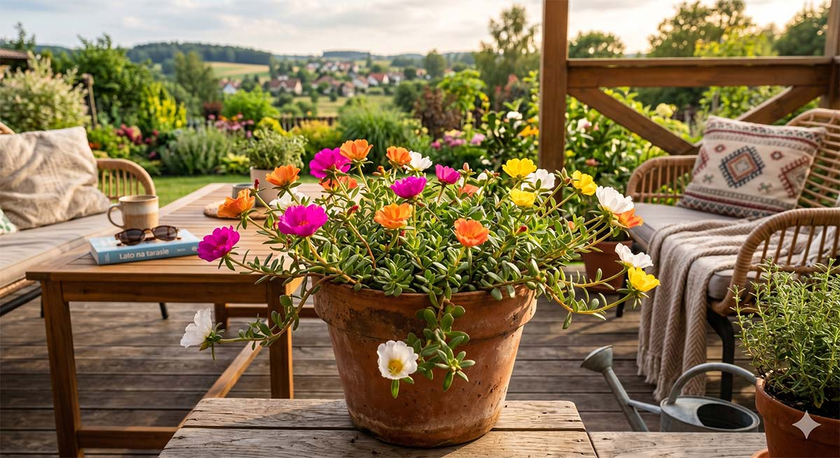 Portulaka w doniczce na słonecznym tarasie Kolorowa portulaka wielokwiatowa o różowych, pomarańczowych i żółtych kwiatach rosnąca w glinianej donicy na drewnianym tarasie, w tle przytulne meble ogrodowe i widok na zieloną okolicę.