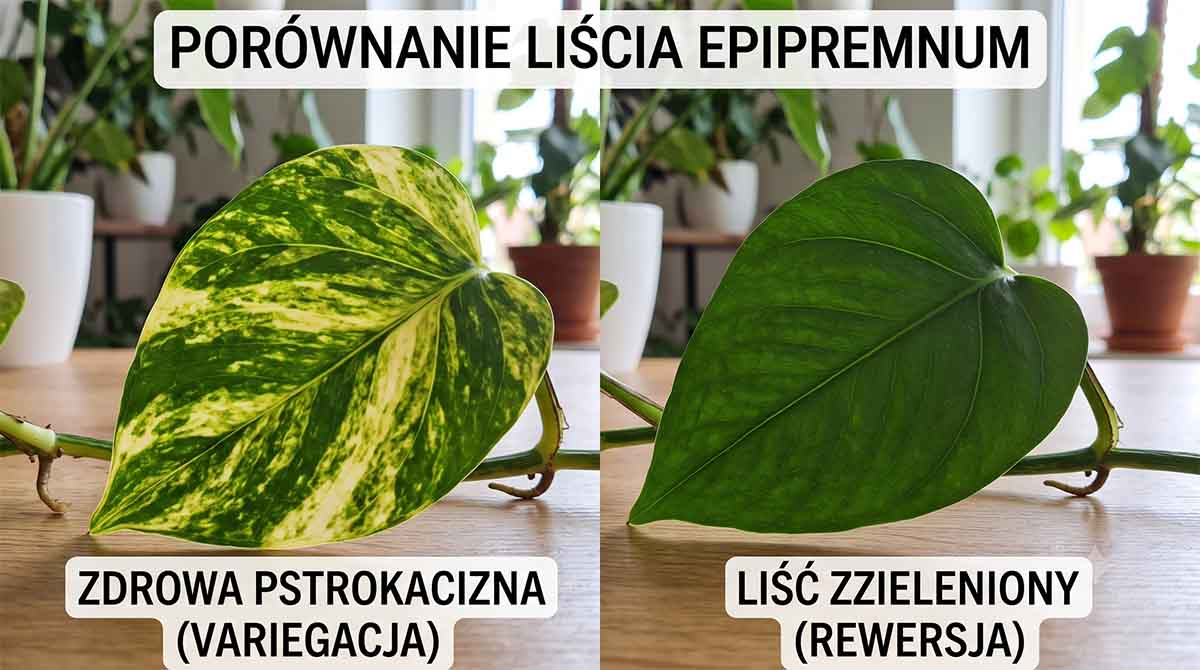 Rewersja liści potosa Porównanie liścia epipremnum ze zdrową pstrokacizną i liścia zzielenionego