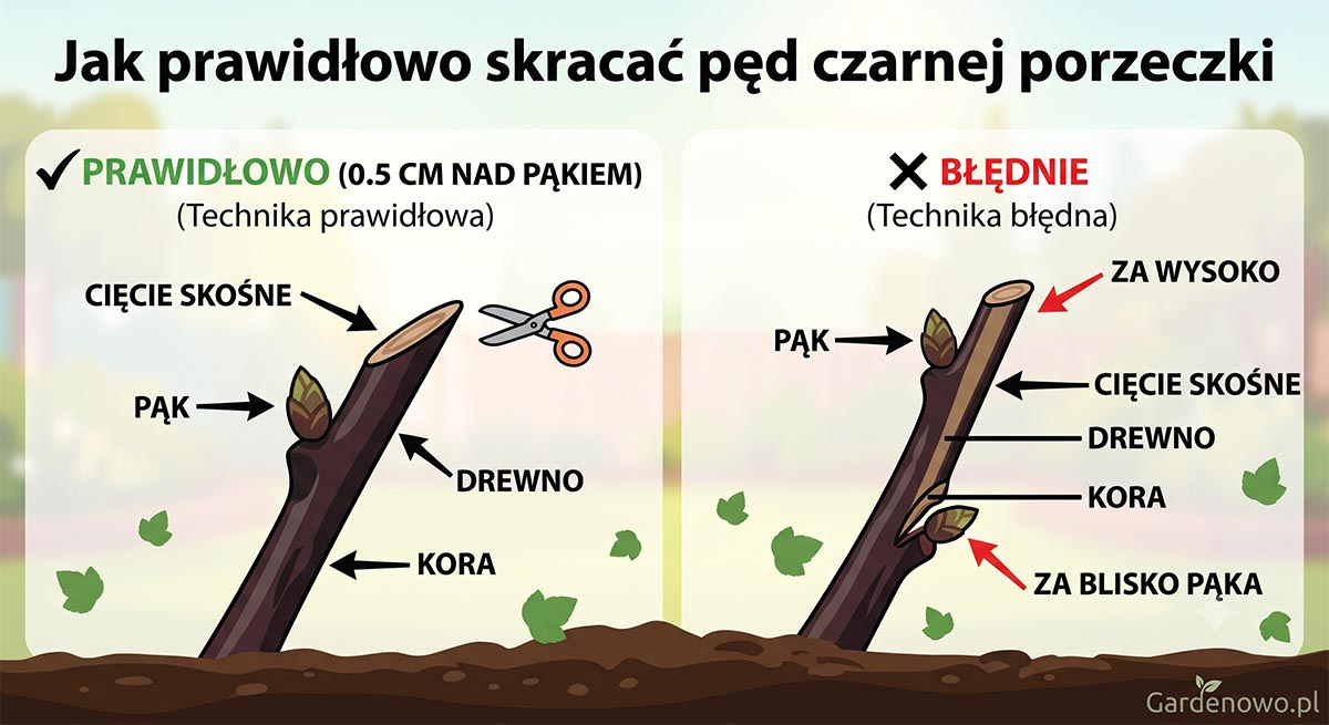 Jak prawidłowo skrócić pęd czarnej porzeczki? (Instrukcja krok po kroku) Schemat techniczny w języku polskim: Jak prawidłowo skrócić pęd czarnej porzeczki – porównanie cięcia skośnego 0,5 cm nad pąkiem oraz częstych błędów.