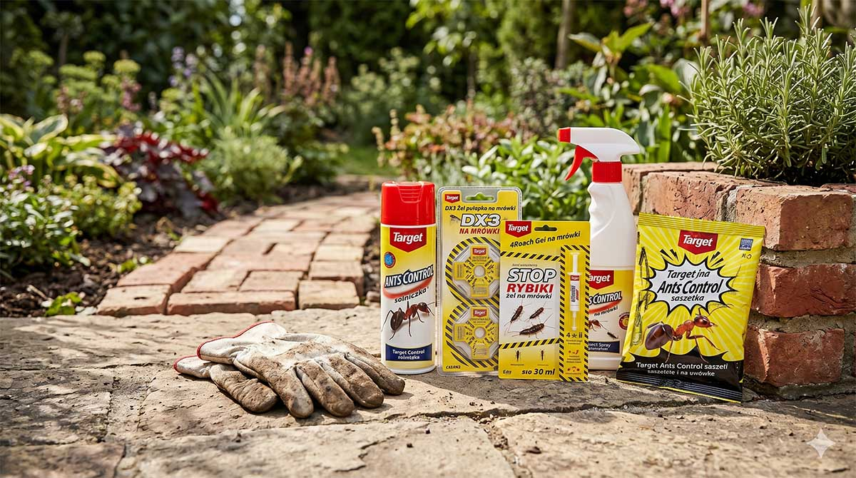 Najlepsze preparaty Target na mrówki w ogrodzie Zestaw produktów Target do zwalczania mrówek (spray, granulaty, żele) ułożony na tarasie w ogrodzie obok rękawic.