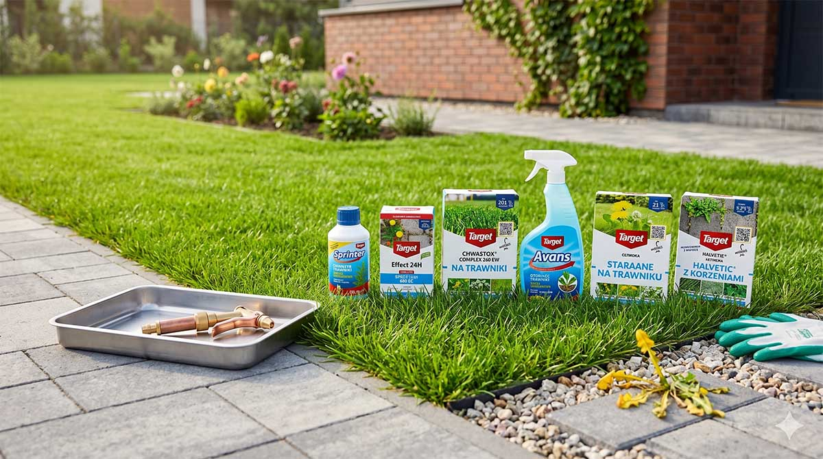 Skuteczne produkty Target na chwasty w trawniku i na podjeździe Zestaw produktów Target do zwalczania chwastów, w tym Chwastox, Starane i Halvetic, ustawiony na zadbanym trawniku obok kostki brukowej.