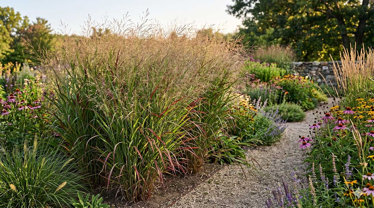 Proso rózgowate (Panicum virgatum) - uprawa i odmiany Kępa kwiatuszków i liści prosa rózgowatego przy żwirowej ścieżce w naturalistycznym ogrodzie