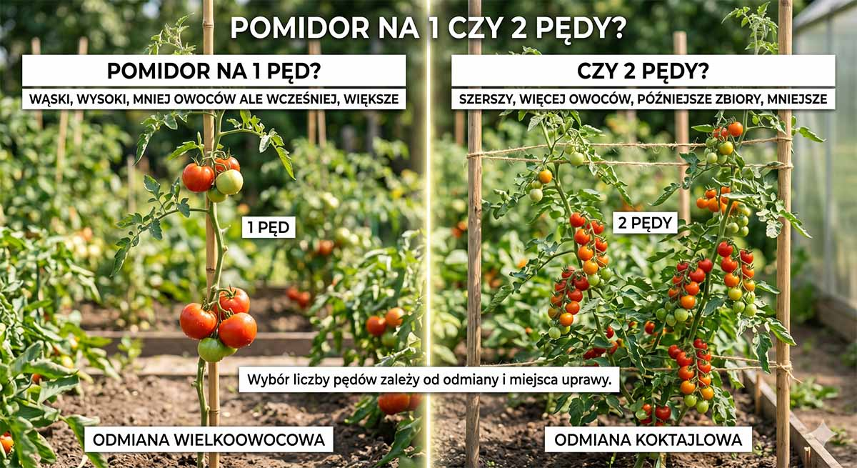 Prowadzenie pomidora na jeden lub dwa pędy &ndash; schemat