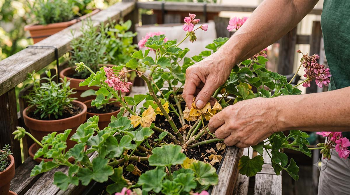 Oczyszczanie wnętrza krzewu pelargonii z żółtych liści Usuwanie pożółkłych liści ze środka skrzynki z pelargoniami w celu poprawy cyrkulacji powietrza