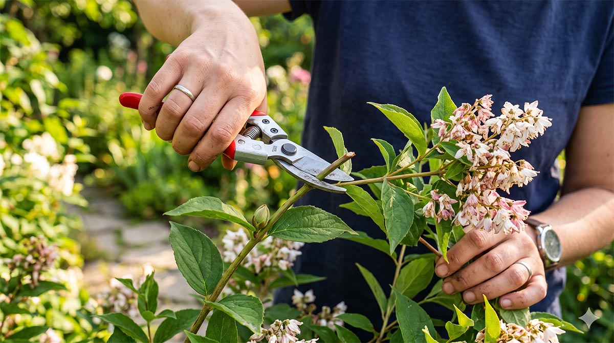 Prawidłowe cięcie pielęgnacyjne żylistka (Deutzia) latem Bliskie ujęcie dłoni ogrodnika przycinających sekatorem gałąź żylistka nad zdrowym pąkiem w słonecznym ogrodzie.