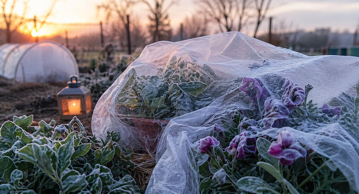 rośliny ogrodowe przykryte agrowłókniną podczas przymrozku w ogrodzie