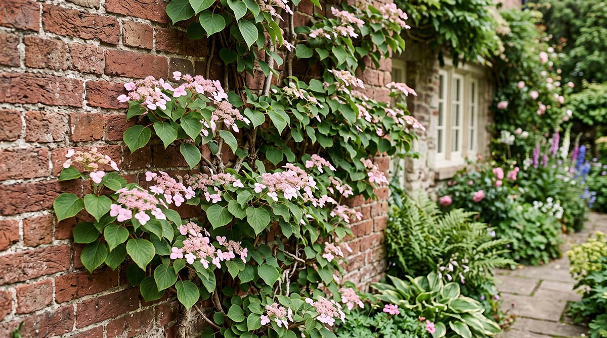 Przywarka japońska Schizophragma hydrangeoides Roseum z delikatnymi różowymi kwiatostanami wspinająca się po ceglanym murze w ogrodzie